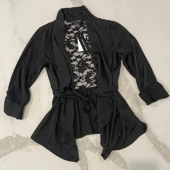Spense NWT Black Lace 3/4 Sleeves Open Blouse Cardigan w/Front Tie Women’s Small - Picture 1 of 8